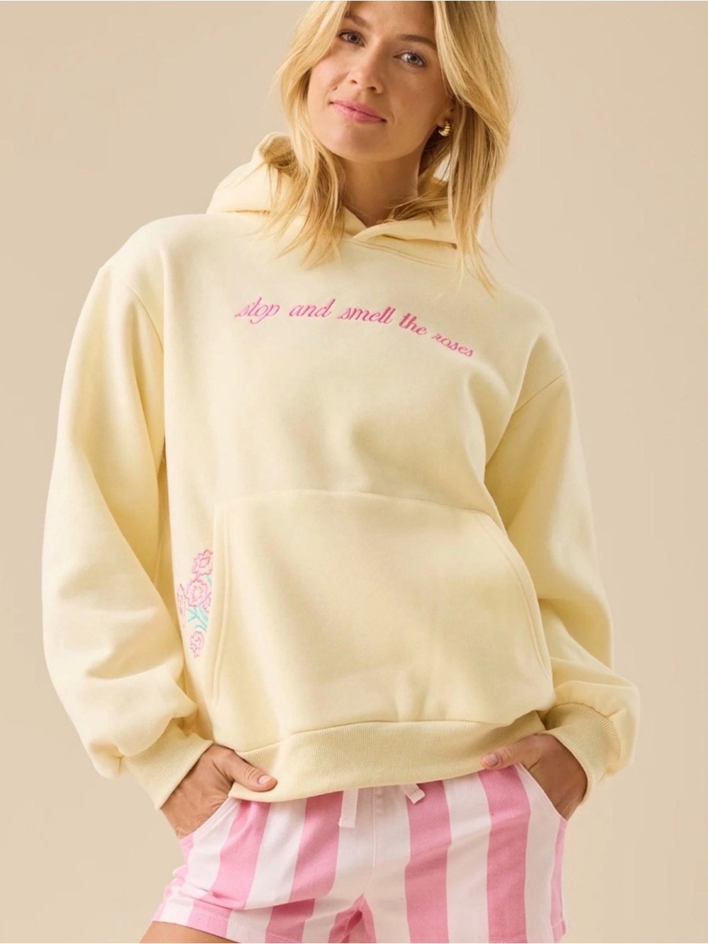 Altar'd State Cream Hoodie with Pink Script Embroidery - Picture 4 of 7